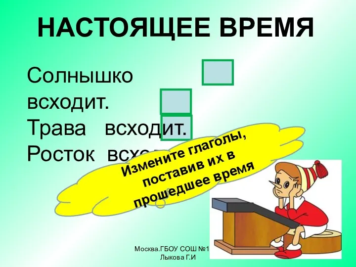 Москва.ГБОУ СОШ №1968 Лыкова Г.И Солнышко всходит. Трава всходит. Росток всходит. НАСТОЯЩЕЕ