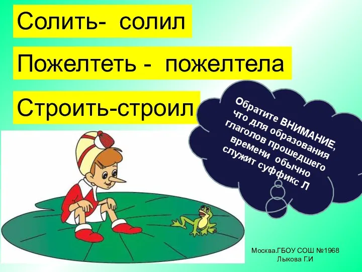 Москва.ГБОУ СОШ №1968 Лыкова Г.И Солить- солил Пожелтеть - пожелтела Строить-строил Обратите