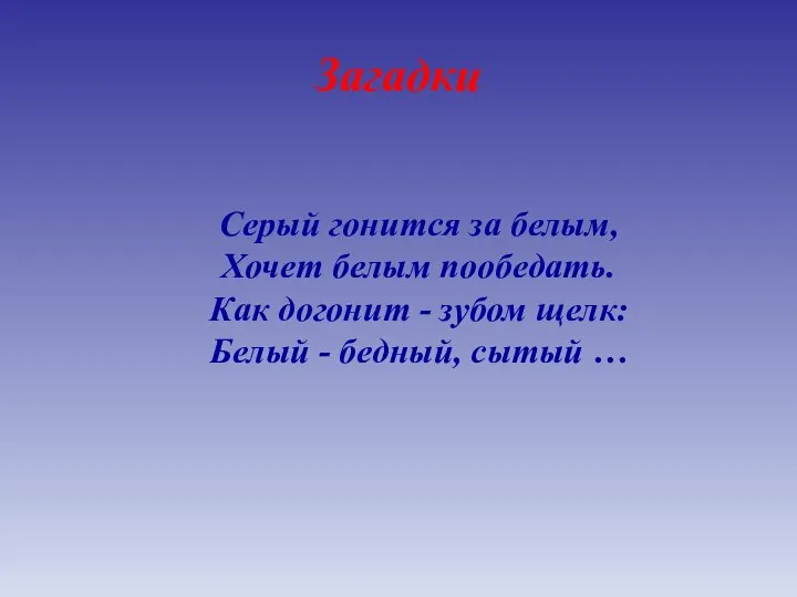 Загадки Серый гонится за белым, Хочет белым пообедать. Как догонит - зубом