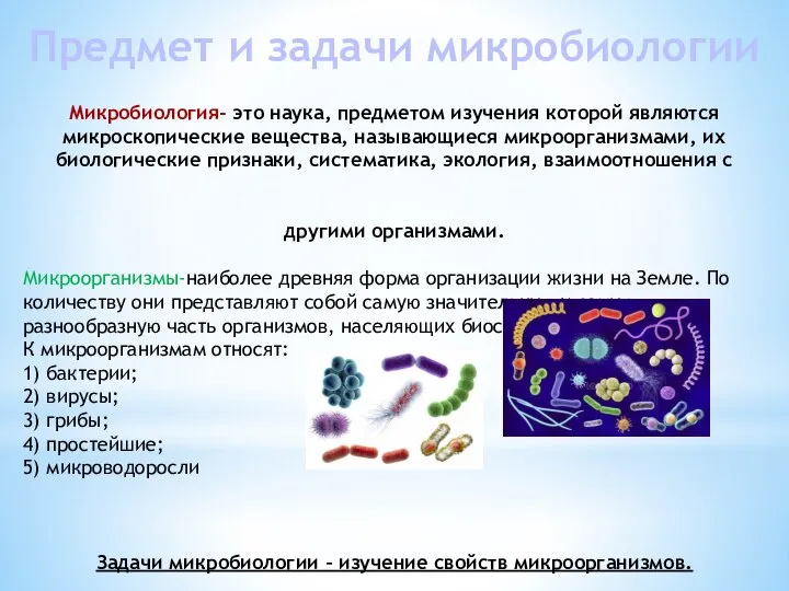 Предмет и задачи микробиологии Микробиология- это наука, предметом изучения которой являются микроскопические