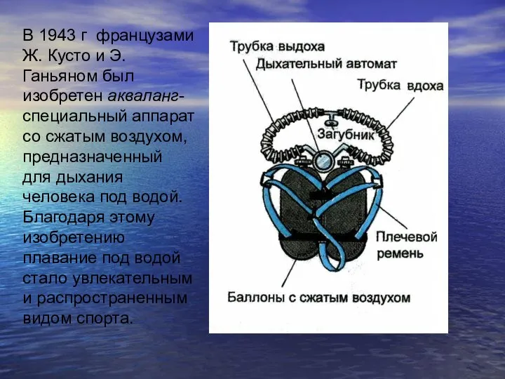 В 1943 г французами Ж. Кусто и Э. Ганьяном был изобретен акваланг-