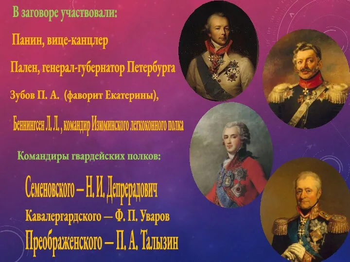 В заговоре участвовали: Панин, вице-канцлер Зубов П. А. (фаворит Екатерины), Пален, генерал-губернатор