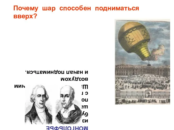 Почему шар способен подниматься вверх? В 1783 году братья МОНГОЛЬФЬЕ изготовили огромный