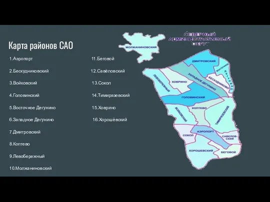 Карта районов САО 1.Аэропорт 11.Беговой 2.Бескудниковский 12.Савёловский 3.Войковский 13.Сокол 4.Головинский 14.Тимирязевский 5.Восточное