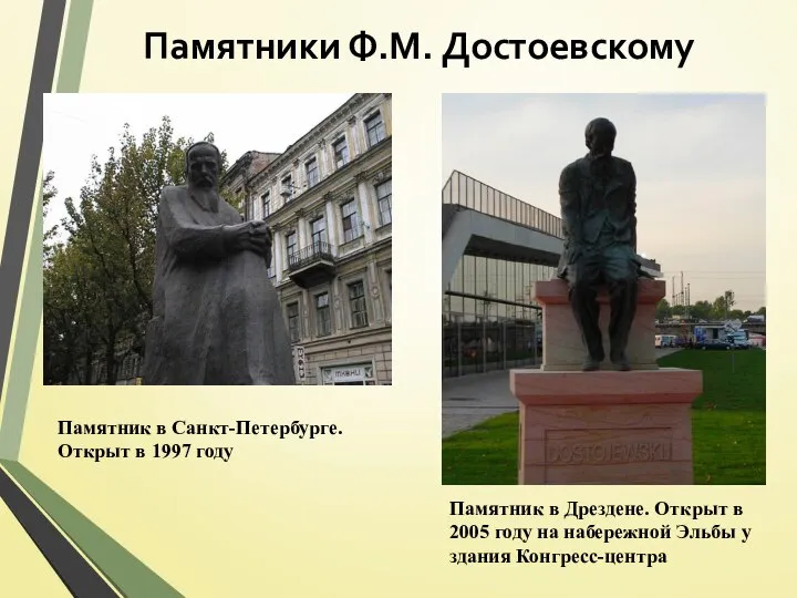 Памятники Ф.М. Достоевскому Памятник в Санкт-Петербурге. Открыт в 1997 году Памятник в