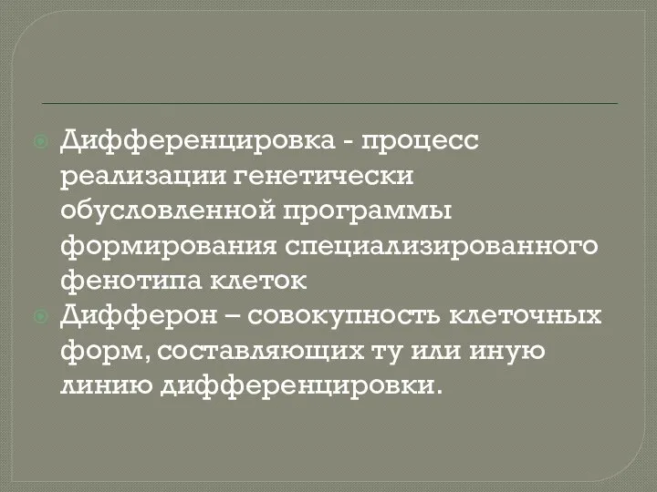 Дифференцировка - процесс реализации генетически обусловленной программы формирования специализированного фенотипа клеток Дифферон