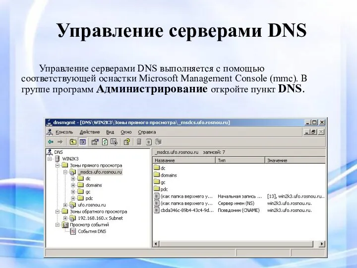 Управление серверами DNS Управление серверами DNS выполняется с помощью соответствующей оснастки Microsoft