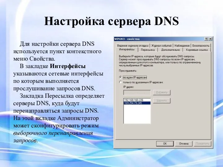 Настройка сервера DNS Для настройки сервера DNS используется пункт контекстного меню Свойства.