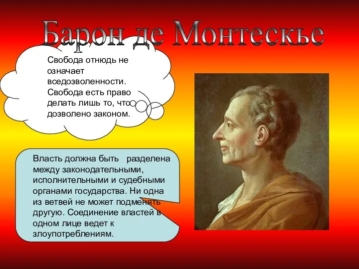 Барон де Монтескье Власть должна быть разделена между законодательными, исполнительными и судебными