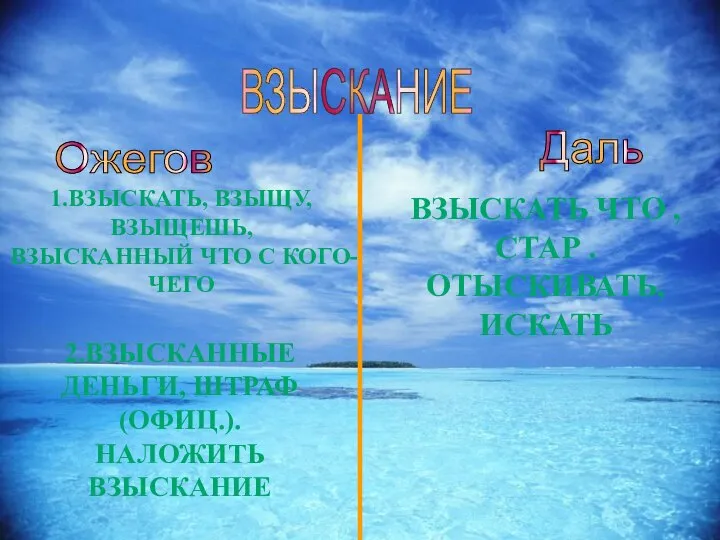 ВЗЫСКАНИЕ Ожегов Даль 2.ВЗЫСКАННЫЕ ДЕНЬГИ, ШТРАФ(ОФИЦ.). НАЛОЖИТЬ ВЗЫСКАНИЕ 1.ВЗЫСКАТЬ, ВЗЫЩУ,ВЗЫЩЕШЬ, ВЗЫСКАННЫЙ ЧТО