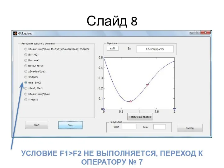 Слайд 8 УСЛОВИЕ F1>F2 НЕ ВЫПОЛНЯЕТСЯ, ПЕРЕХОД К ОПЕРАТОРУ № 7