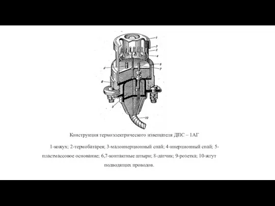 Конструкция термоэлектрического извещателя ДПС – 1АГ 1-кожух; 2-термобатарея; 3-малоинерционный спай; 4-инерционный спай;