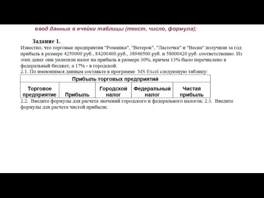 ввод данных в ячейки таблицы (текст, число, формула);