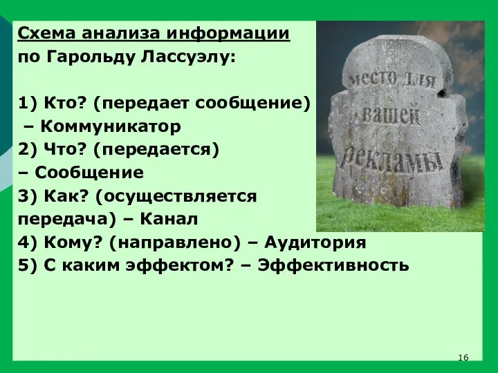 Схема анализа информации по Гарольду Лассуэлу: 1) Кто? (передает сообщение) – Коммуникатор