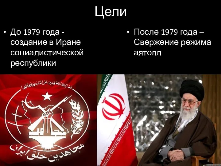 Цели До 1979 года - создание в Иране социалистической республики После 1979