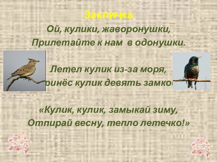 Ой, кулики, жаворонушки, Прилетайте к нам в одонушки. Летел кулик из-за моря,