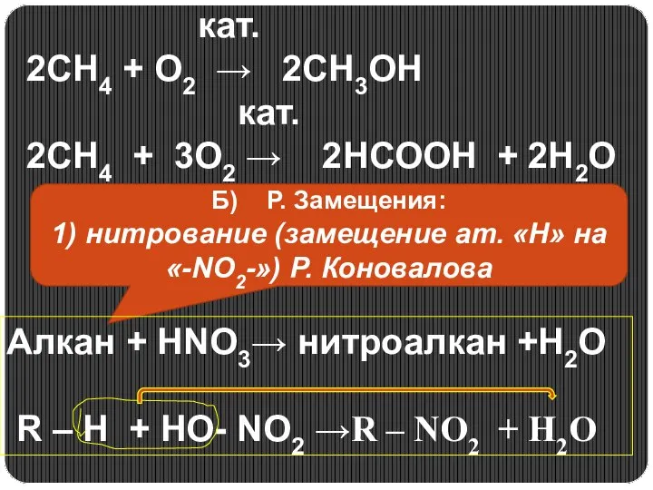 кат. 2СН4 + О2 → 2СН3ОН кат. 2СН4 + 3О2 → 2НСООН