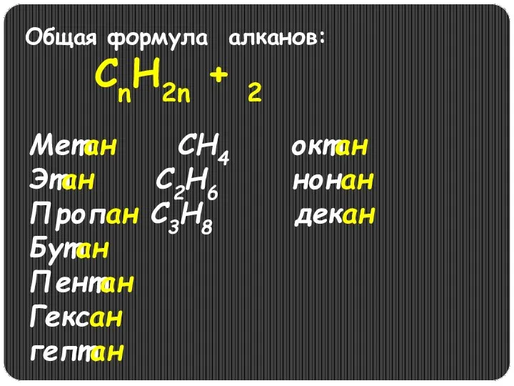 Общая формула алканов: CnH2n + 2 Метан СН4 октан Этан С2Н6 нонан