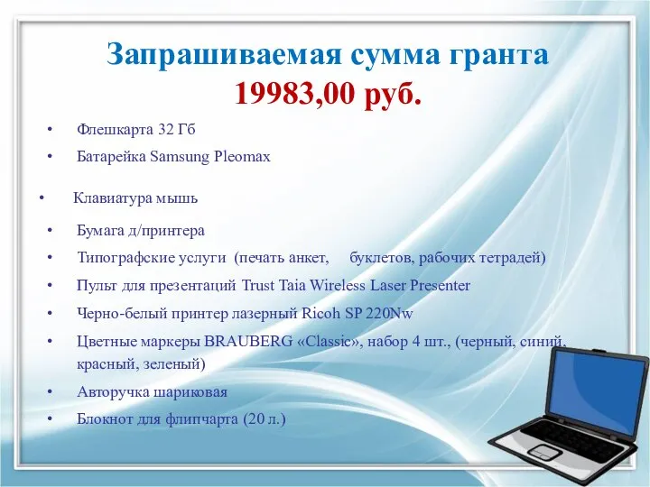 Запрашиваемая сумма гранта 19983,00 руб. Флешкарта 32 Гб Батарейка Samsung Pleomax Клавиатура