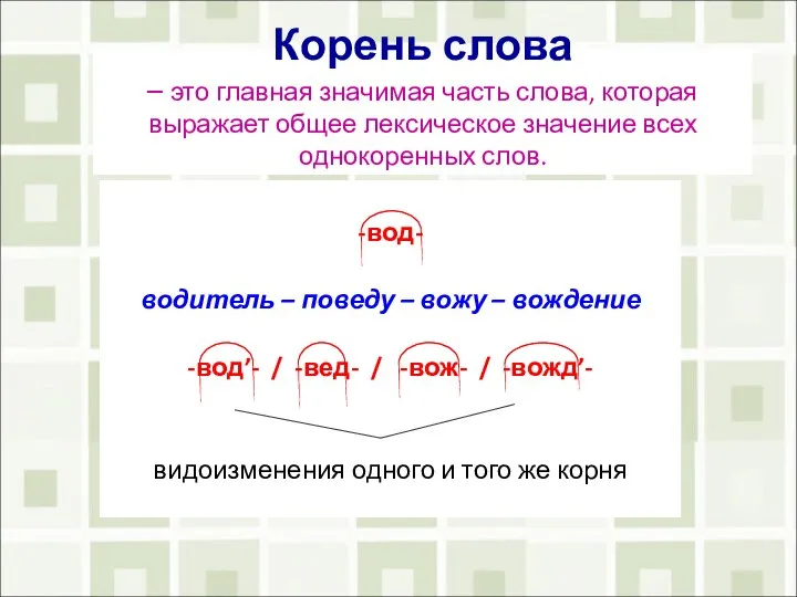 Корень слова – это главная значимая часть слова, которая выражает общее лексическое