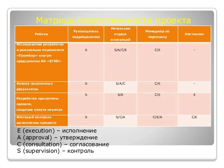 Матрица ответственности проекта E (execution) – исполнение A (approval) – утверждение C