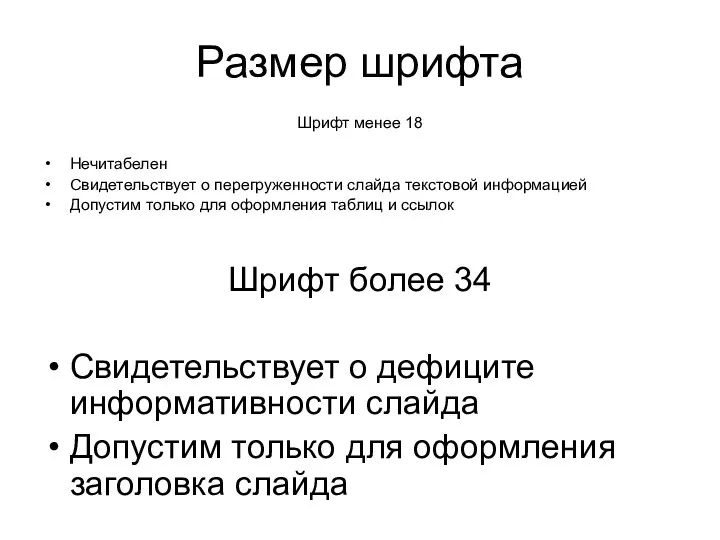 Размер шрифта Шрифт менее 18 Нечитабелен Свидетельствует о перегруженности слайда текстовой информацией