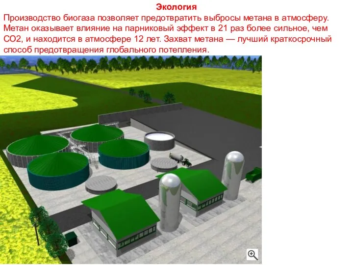 Экология Производство биогаза позволяет предотвратить выбросы метана в атмосферу. Метан оказывает влияние