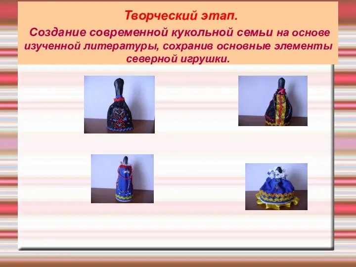 Творческий этап. Создание современной кукольной семьи на основе изученной литературы, сохранив основные элементы северной игрушки.