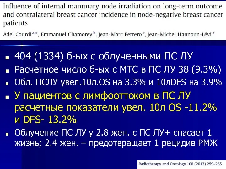 404 (1334) б-ых с облученными ПС ЛУ Расчетное число б-ых с МТС