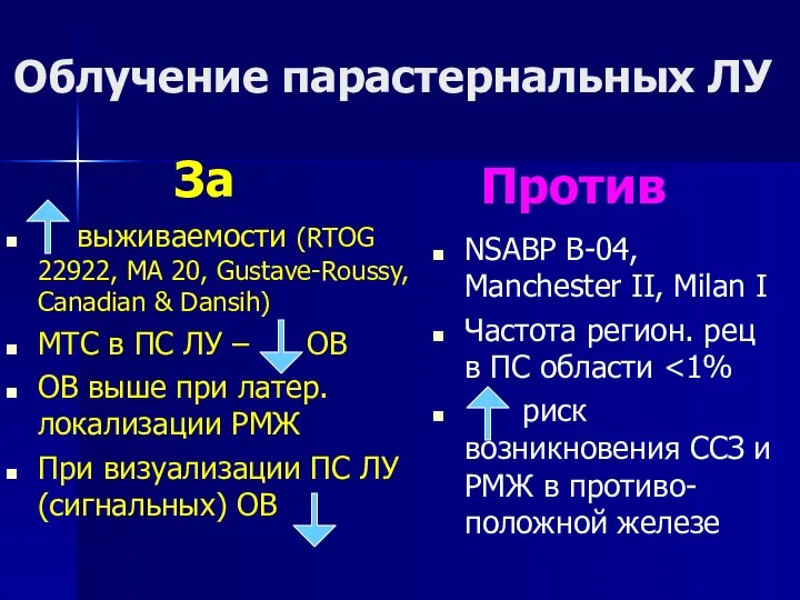 Облучение парастернальных ЛУ выживаемости (RTOG 22922, MA 20, Gustave-Roussy, Canadian & Dansih)