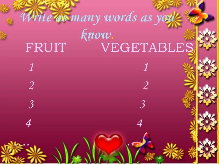 Write as many words as you know. FRUIT VEGETABLES 1 1 2