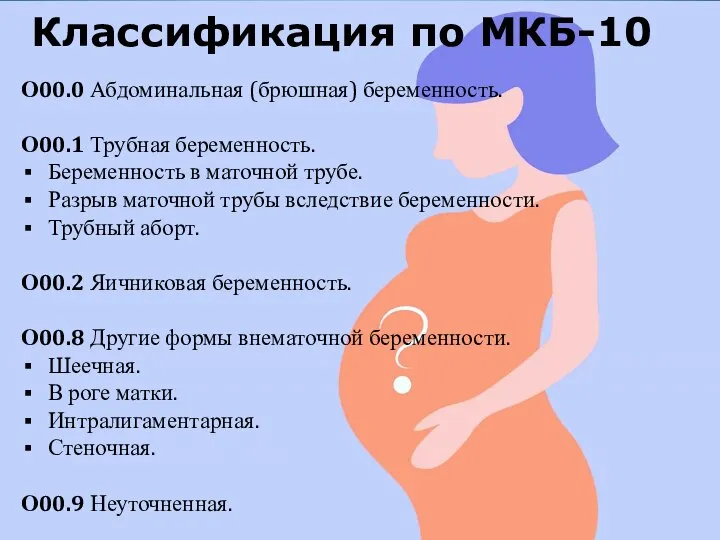Классификация по МКБ-10 О00.0 Абдоминальная (брюшная) беременность. О00.1 Трубная беременность. Беременность в