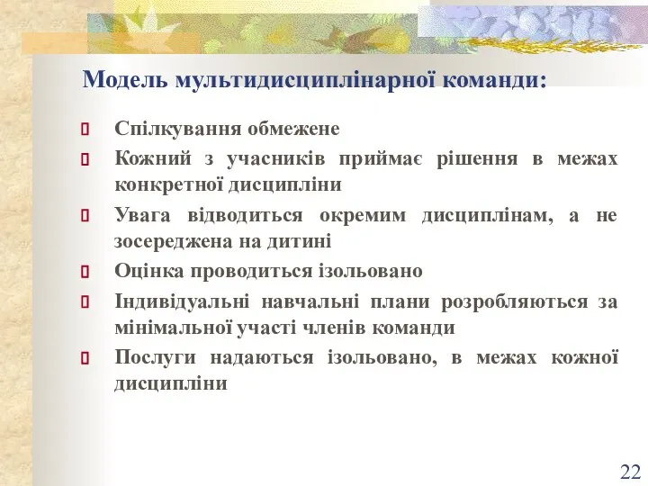 Модель мультидисциплінарної команди: Спілкування обмежене Кожний з учасників приймає рішення в межах