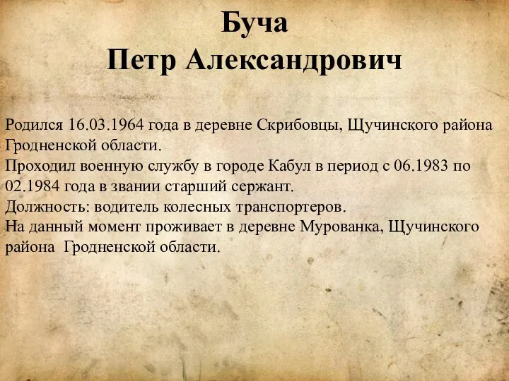 Буча Петр Александрович Родился 16.03.1964 года в деревне Скрибовцы, Щучинского района Гродненской