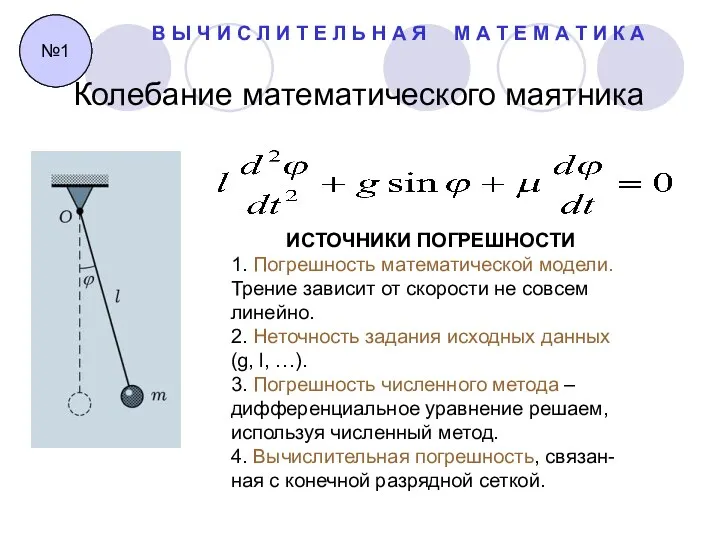 Колебание математического маятника №1 ИСТОЧНИКИ ПОГРЕШНОСТИ 1. Погрешность математической модели. Трение зависит