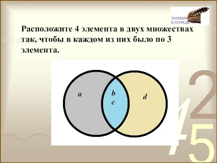 Расположите 4 элемента в двух множествах так, чтобы в каждом из них было по 3 элемента.