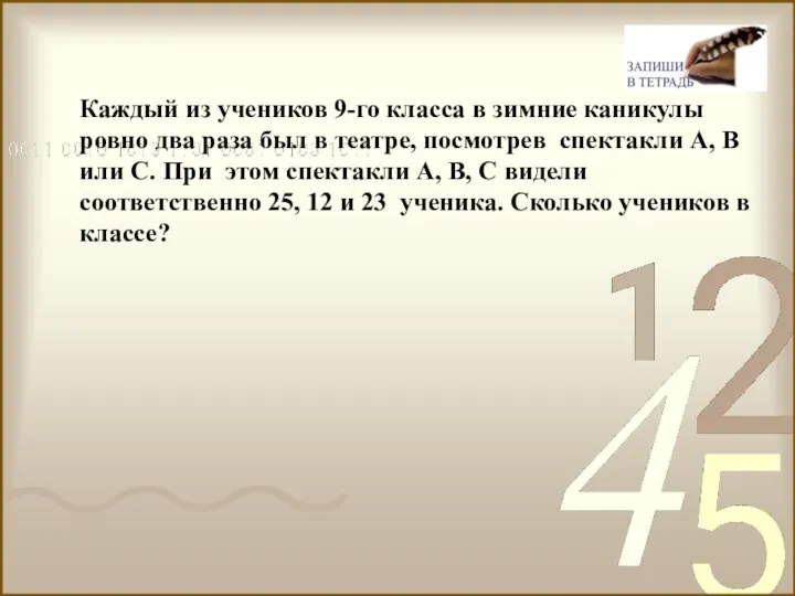 Каждый из учеников 9-го класса в зимние каникулы ровно два раза был