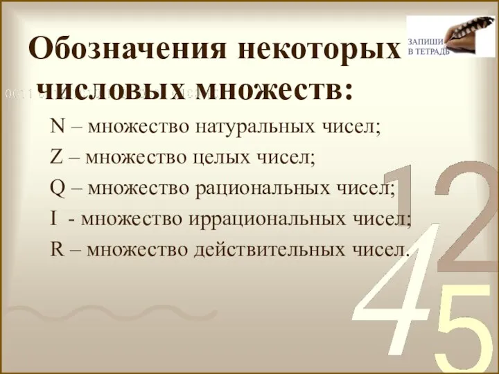 Обозначения некоторых числовых множеств: N – множество натуральных чисел; Z – множество