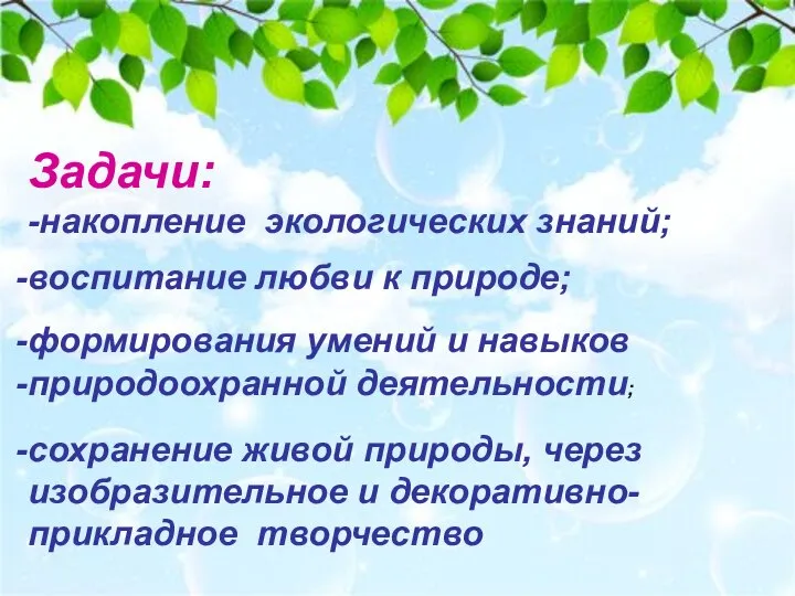 Задачи: -накопление экологических знаний; воспитание любви к природе; формирования умений и навыков