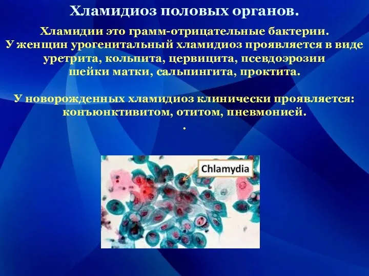 Хламидиоз половых органов. Хламидии это грамм-отрицательные бактерии. У женщин урогенитальный хламидиоз проявляется