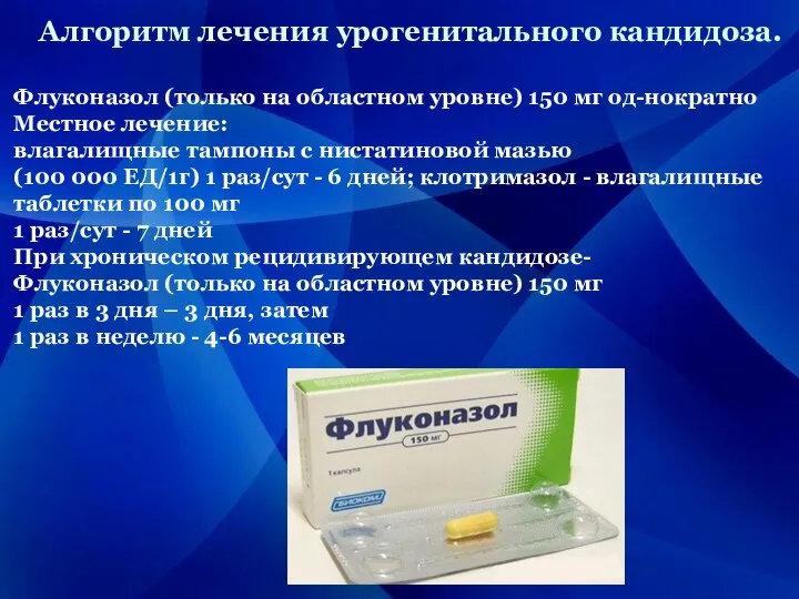 Алгоритм лечения урогенитального кандидоза. Флуконазол (только на областном уровне) 150 мг од-нократно