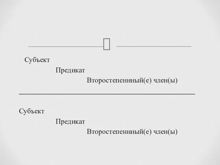 Субъект Предикат Второстепеннный(е) член(ы) ________________________________________________ Субъект Предикат Второстепеннный(е) член(ы) _____________________________________