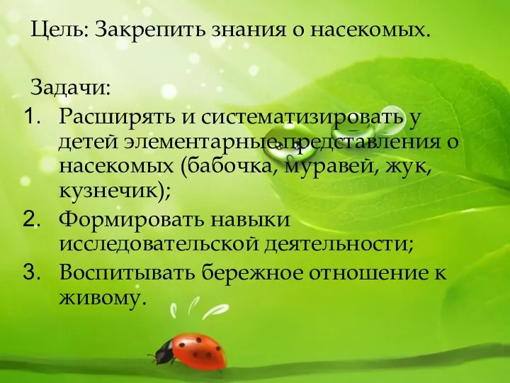 Цель: Закрепить знания о насекомых. Задачи: Расширять и систематизировать у детей элементарные