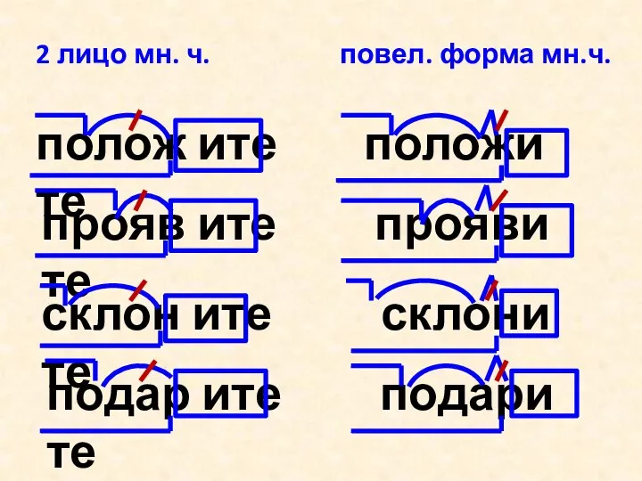 2 лицо мн. ч. повел. форма мн.ч. полож ите положи те прояв