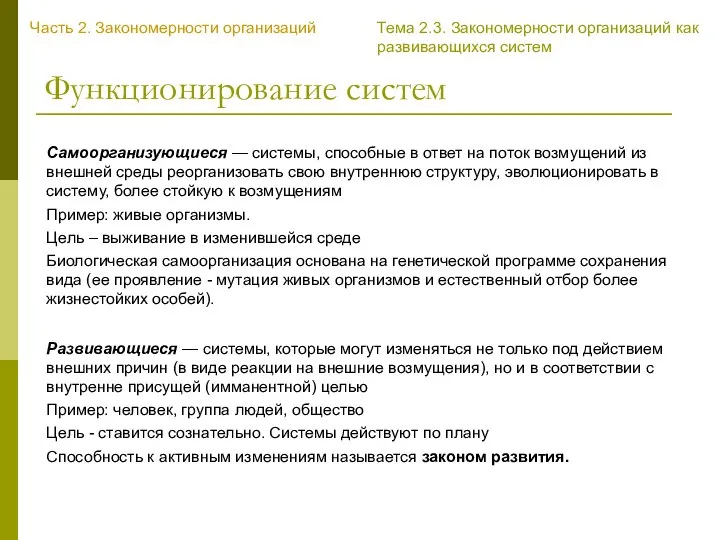 Функционирование систем Самоорганизующиеся — системы, способные в ответ на поток возмущений из