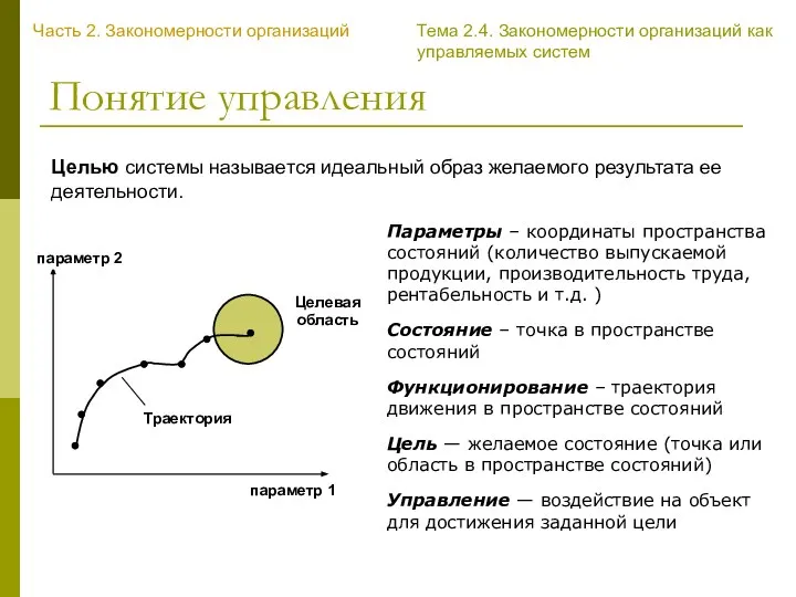 Понятие управления Целью системы называется идеальный образ желаемого результата ее деятельности. Параметры