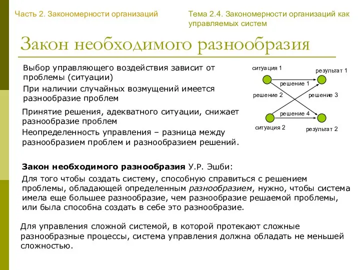 Закон необходимого разнообразия Закон необходимого разнообразия У.Р. Эшби: Для того чтобы создать