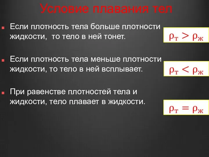 Условие плавания тел Если плотность тела больше плотности жидкости, то тело в