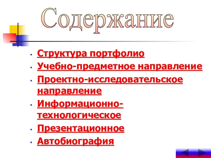 Структура портфолио Учебно-предметное направление Проектно-исследовательское направление Информационно-технологическое Презентационное Автобиография Содержание