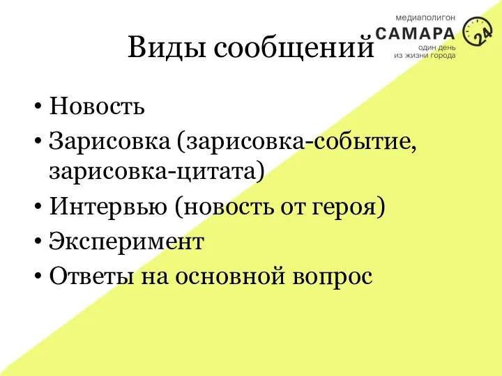 Виды сообщений Новость Зарисовка (зарисовка-событие, зарисовка-цитата) Интервью (новость от героя) Эксперимент Ответы на основной вопрос